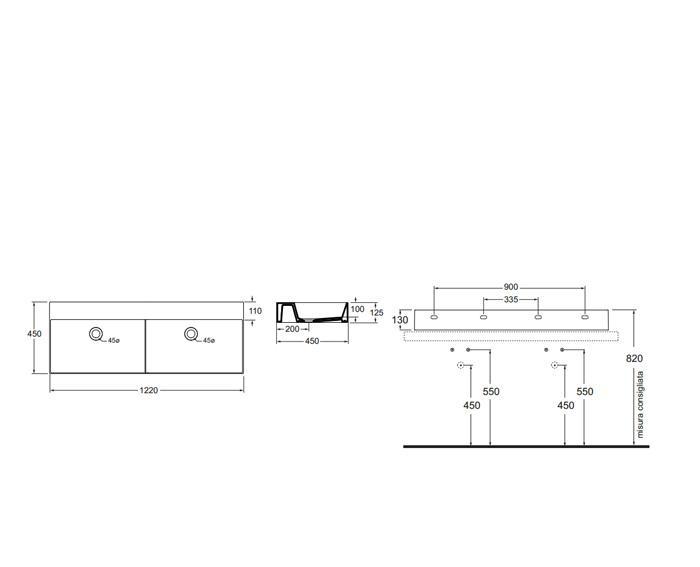 Раковина - Azzurra, Elegance, 45x122x13 см, ELLP12245DQ0BI/(EQA122 2V bi)*0