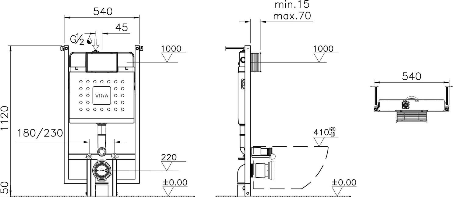 Vitra без коллекции, Унитаз подвесной с инсталляцией и кнопкой, CZR-SPC-GIUBILEO-1500-800-TCH-WARM / BB3103CHR/SC/BB002-80/BB014-SR-BIANCO