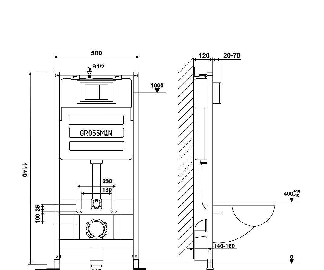 Grossman без коллекции, Унитаз подвесной с инсталляцией и кнопкой, 97.4455S.01.000