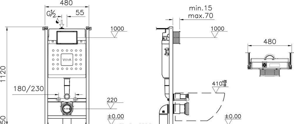 Vitra Shift, Унитаз подвесной с инсталляцией и кнопкой, VT1-51T
