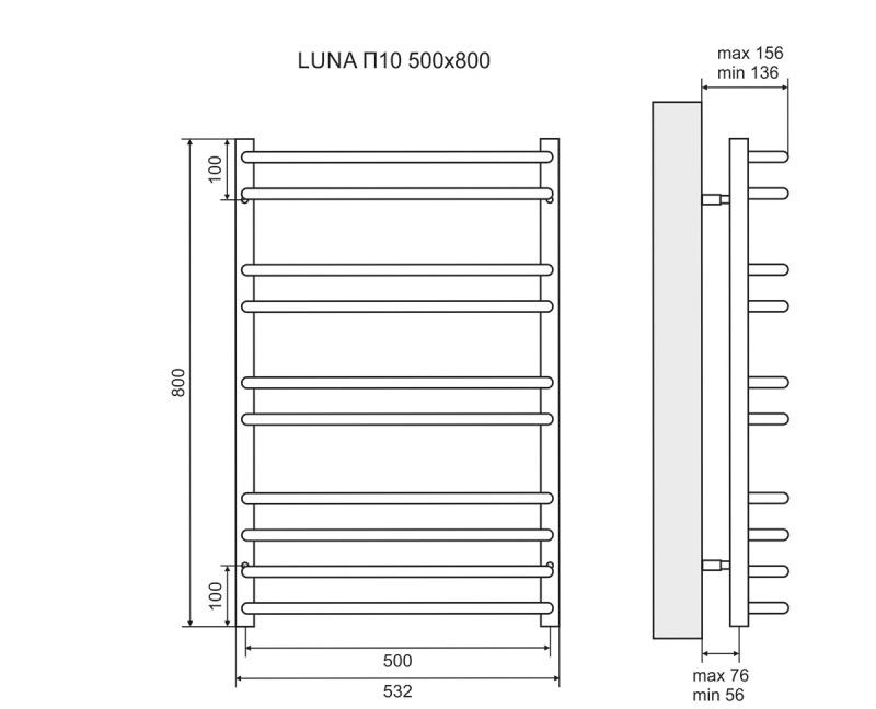 Полотенцесушитель водяной - Lemark, Luna, 13.6x53.2x80 см, LM41810