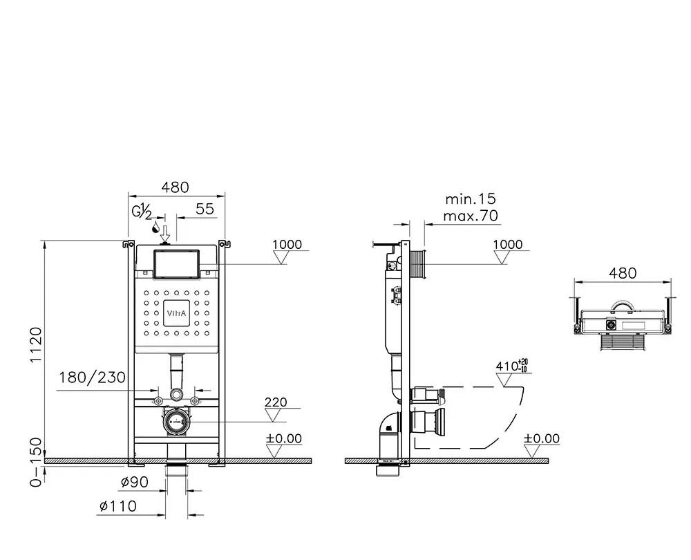 Vitra Integra Square, Унитаз подвесной с инсталляцией и кнопкой, 9856B003-7207