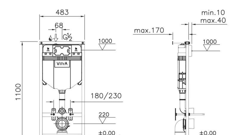 Vitra Spinflush, Унитаз подвесной с инсталляцией и кнопкой, 9842B003-7206