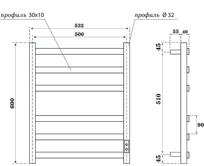 Полотенцесушитель электрический - Point, Антея, 9.5x53.2x60 см, PN17856B