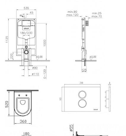Vitra S50, Унитаз подвесной с инсталляцией и кнопкой, 9003B003-7200