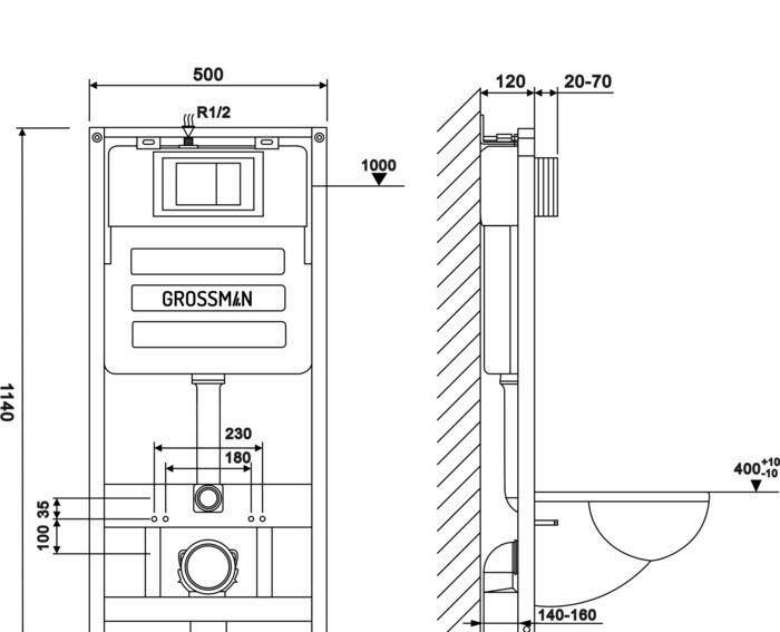 Grossman без коллекции, Унитаз подвесной с инсталляцией и кнопкой, 97.4455SWS.01.000