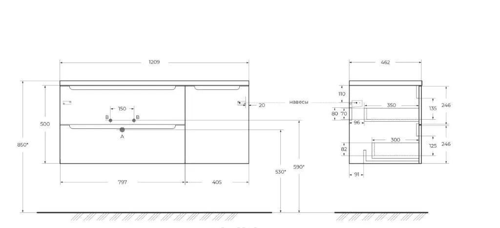 Cezares Eco, Тумба для раковины, ECO-CER-N-1200-2C-1A-SO-BL-R
