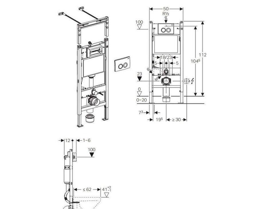 Geberit Delta, Унитаз подвесной с инсталляцией и кнопкой, 458.122.NE.1