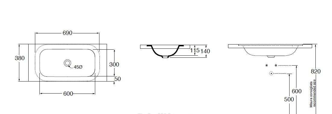 Раковина - Azzurra, Glaze, 38x69x14 см, GLLT06938000BI (GLZ 69x38/SP bi)