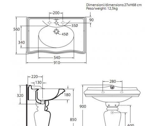 Раковина - Azzurra, Jubilaeum, 55x90 см, JULP0905500MBI/(JUB200/90 bi)*1 / JUB200B1/90